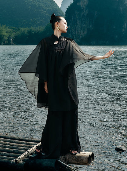 HECO [Feng Wu Clear Sleeves] New Chinese Standing Collar Buckle Flowing Dress- CLOAK.
