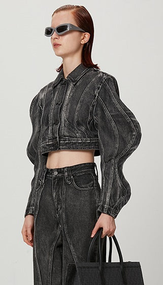 ANNAKIKI  Wave sleeve split denim jacket-MIDORIYA.