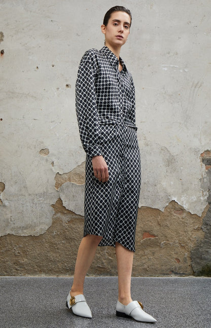 COMME MOI Lv Yan designer women's elegant silk black and white printed long sleeve dress - EMILIA.