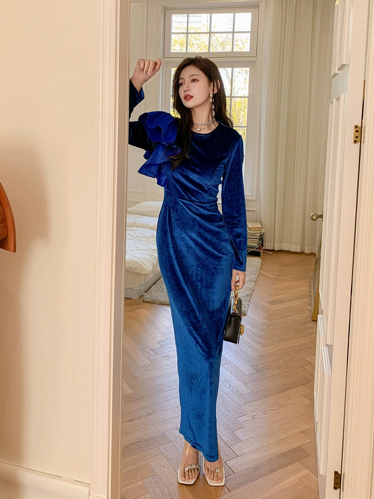 DOLLY Elegant Velvet Crew Neck Long Sleeve Ruffle Long Banquet Dress-PELKA