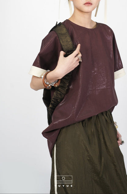 TUYUE Glossy Loose Crimp Short Sleeve Casual T-shirt - MABEL.