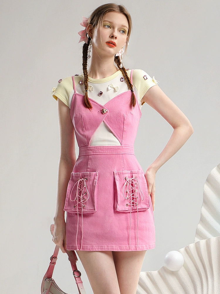 CHECOCRE Women's Short T-shirt Underwear With Suspender Denim Suit Skirt - JOHN