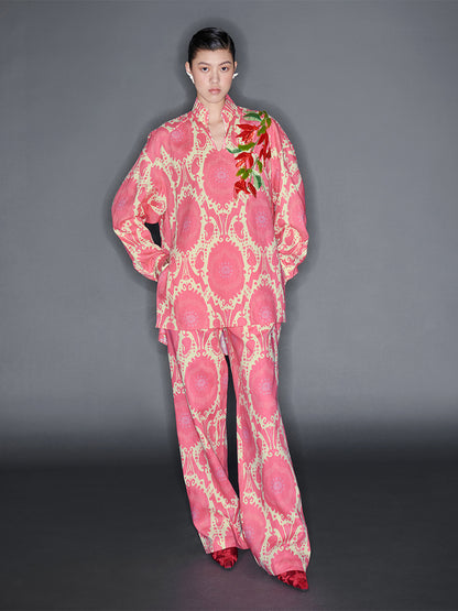 M essential Mackay designer Tuohua calico Burmese tree appliqué embroidered shirt pant set - tao