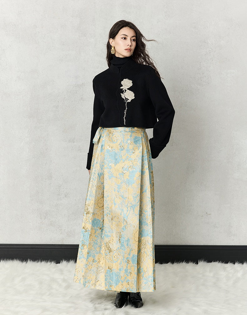 HECO 100% wool Embroidery Red black Short Double-Sided Tweed Jacket Women - out.