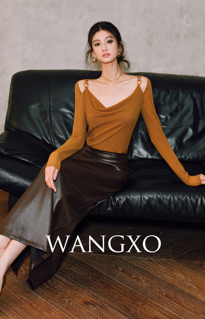 WANGXO | Xinghai Bright Silk Knit Swing Collar Metal Chain Top- LILA.