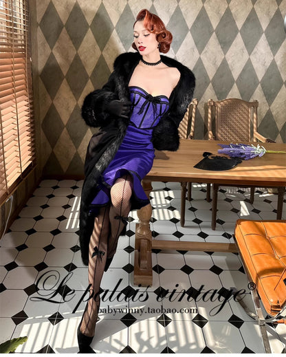 Le Palais Vintage Elegant Black Long Sleeves V-Neck Fox Fur Collar Wrap Jacket-Debra ( V )