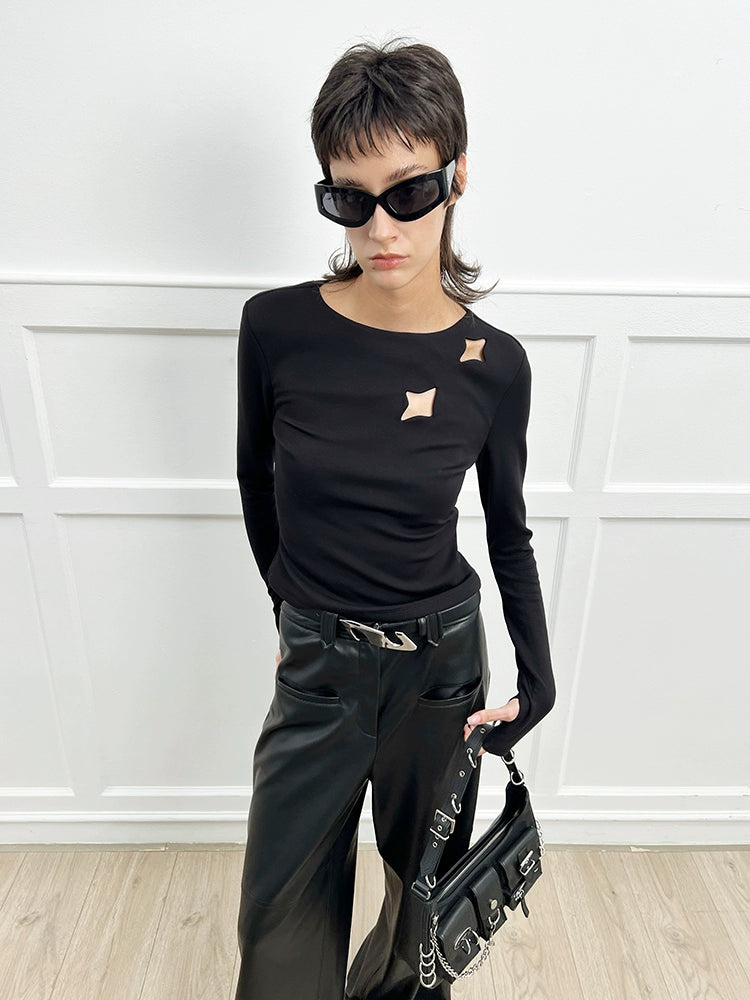 ANNAKIKI women's black openwork four-pointed star long-sleeved T-shirt-SOPHIE