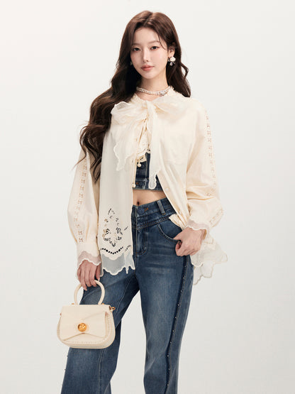 FAME Embroidery Hollow Design Long-Sleeved Casual Shirt