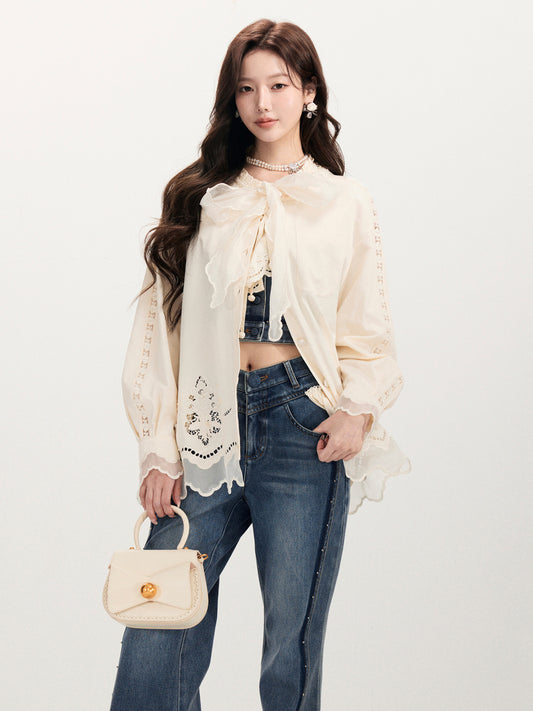 FAME Embroidery Hollow Design Long-Sleeved Casual Shirt