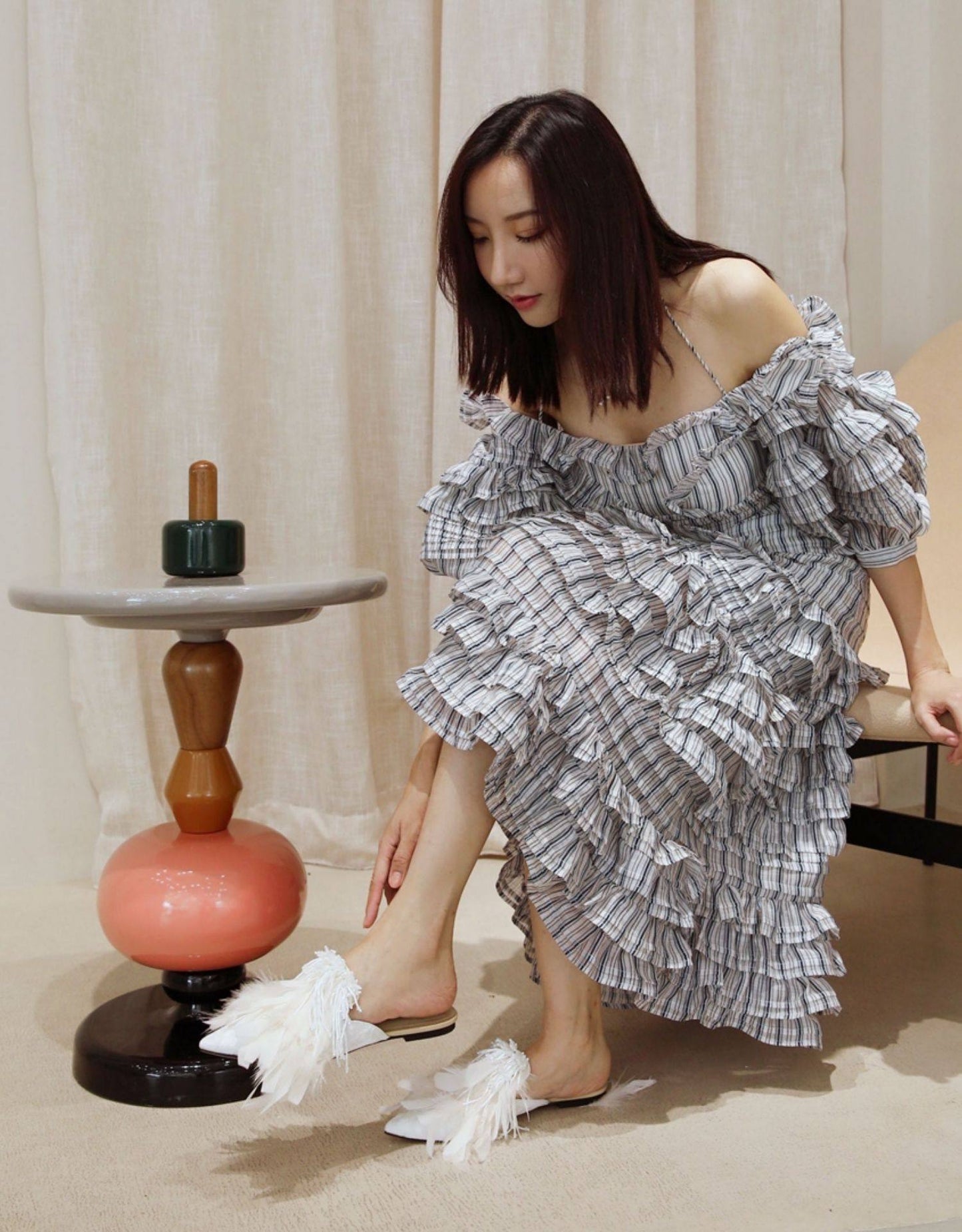 B-FEI White rhinestone feather slippers-ANDY.