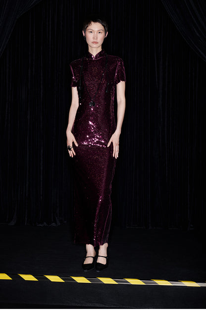 M essential Mackay designer embroidered long cheongsam sequin dress - ques