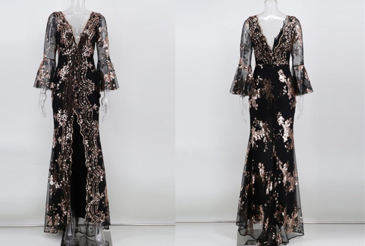 DOLLY Elegant V-Neck Long Sleeve Sequin Hip Flared Fish Tail Banquet Dress-MAY