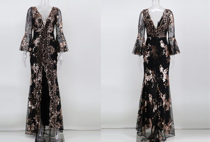 DOLLY Elegant V-Neck Long Sleeve Sequin Hip Flared Fish Tail Banquet Dress-MAY