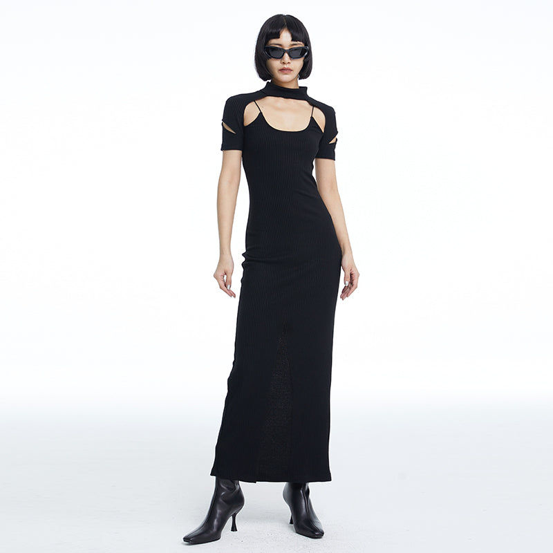 TINY IN fake two-piece deconstructed knitted back slit midi black dress -PUPIN