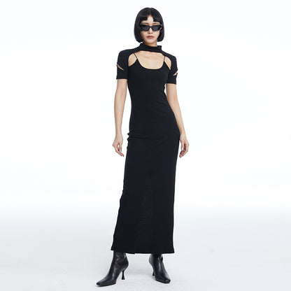 TINY IN fake two-piece deconstructed knitted back slit midi black dress -PUPIN