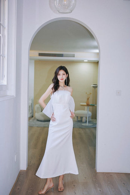 DOLLY Elegant Ruffled Off Shoulder Chest Wrap Long Fish Tail Banquet Dress-KALYA