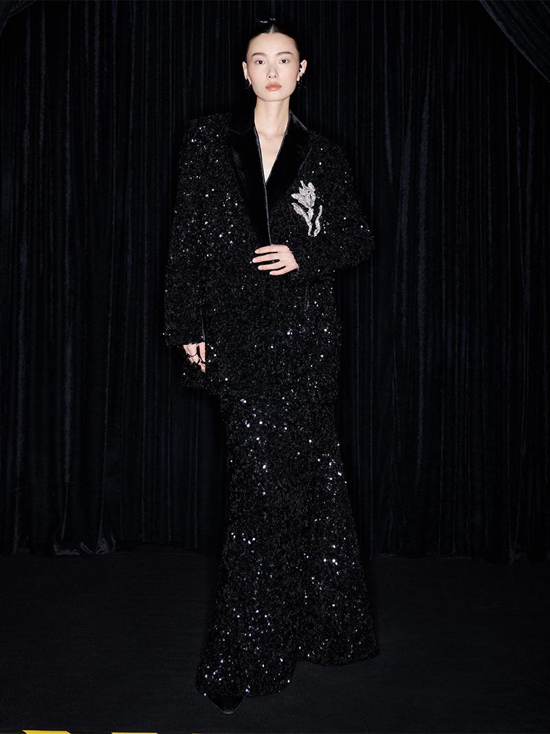 M essential Mackay designer orchid embroidery sequins jacket pencil slit skirt suit - tev.