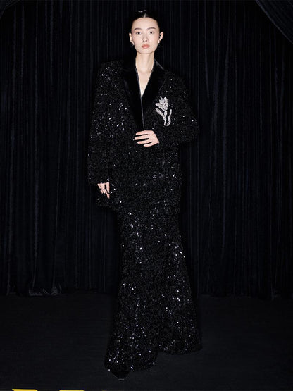 M essential Mackay designer orchid embroidery sequins jacket pencil slit skirt suit - tev.