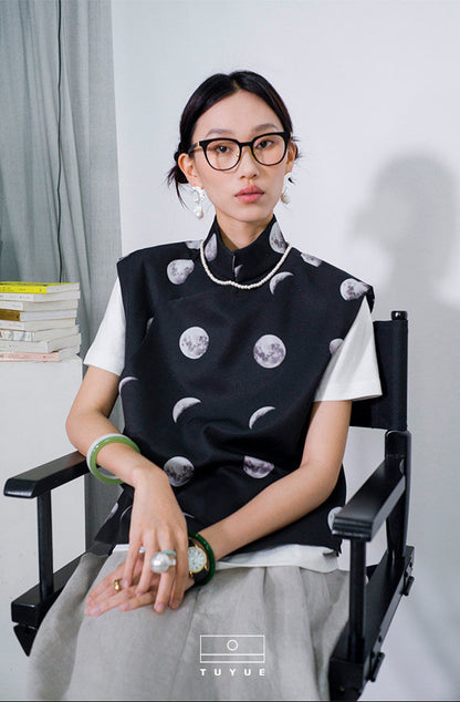 TUYUE moon print elegant stand-up collar silhouette vest- DONAVAN.