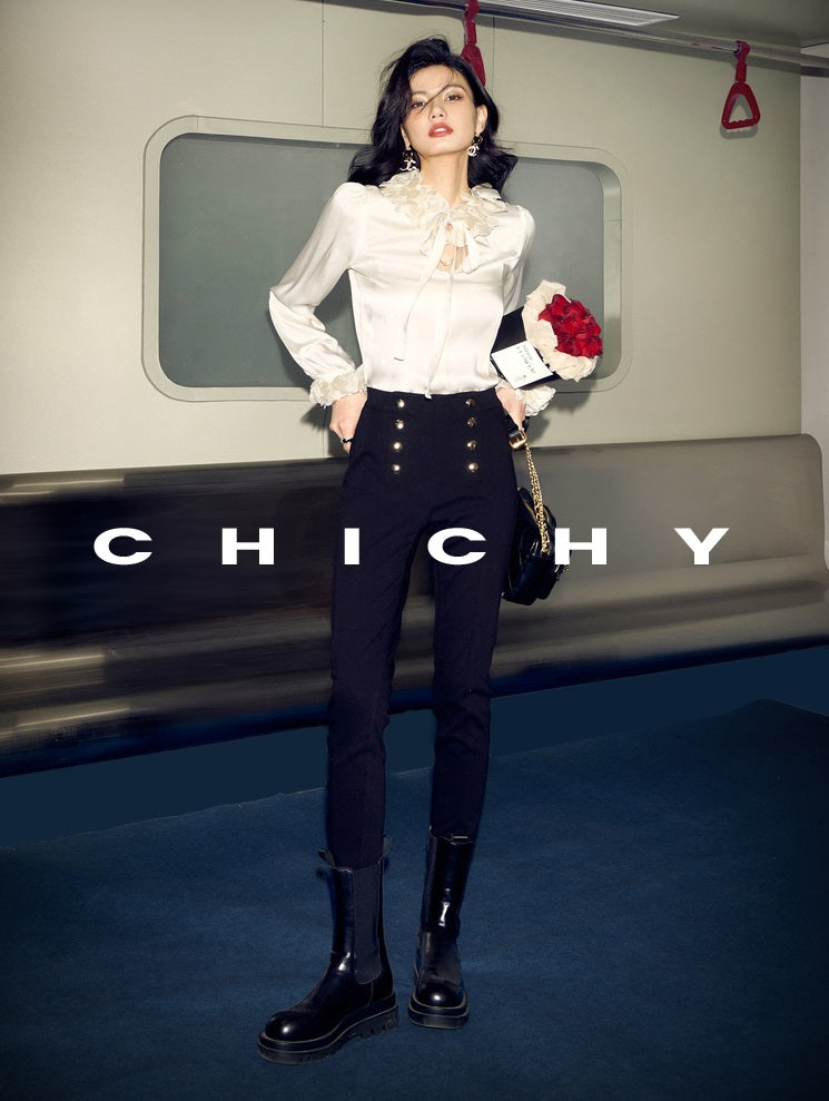 CHICHY French high-end narrow black slim small leg long pants-MIZU