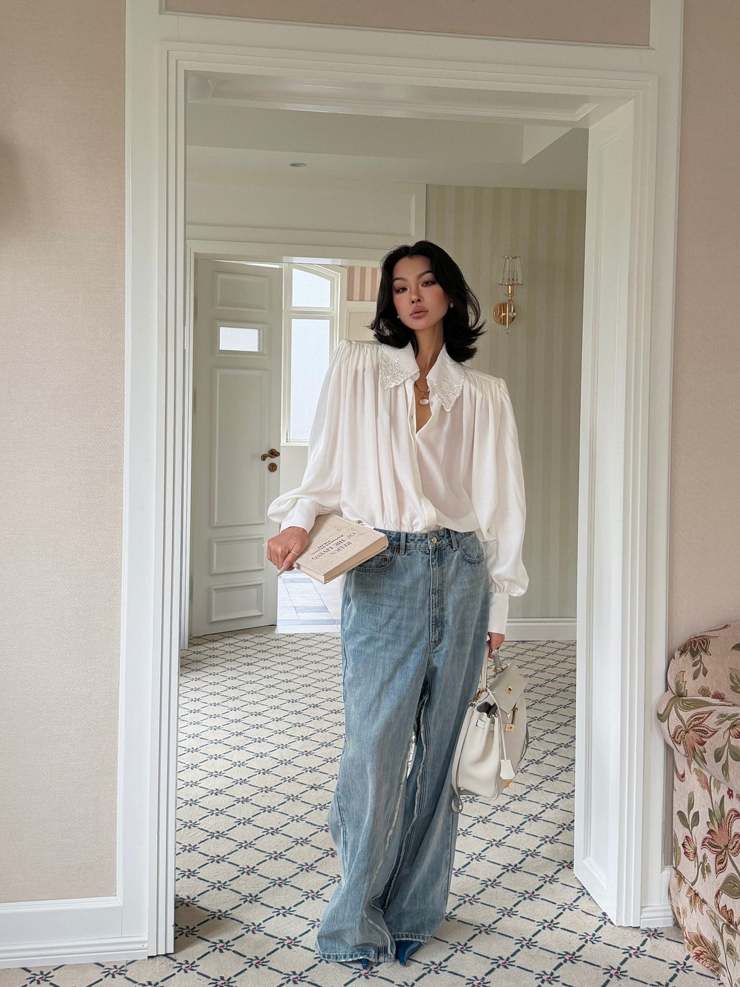 MEI SANGUAN Blue Retro Distressed Wide-Leg Jeans - BYRON