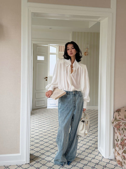 MEI SANGUAN Blue Retro Distressed Wide-Leg Jeans - BYRON