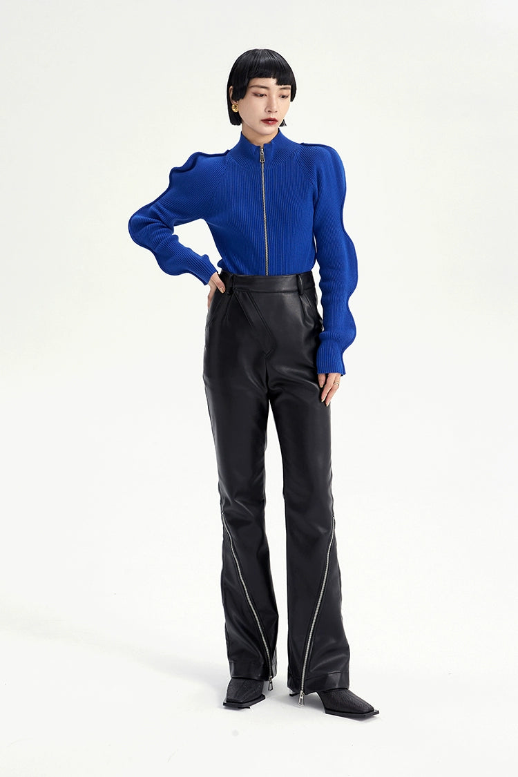 TINY IN zippered flared floor-length leather high waist pants -KON