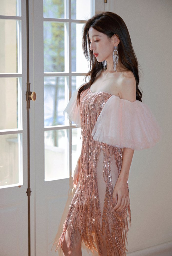 DOLLY Luxury Retro Puff Sleeve Glitter Tassel Tube Top Short Party Dress-LORENA