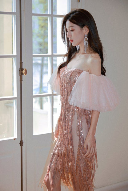 DOLLY Luxury Retro Puff Sleeve Glitter Tassel Tube Top Short Party Dress-LORENA