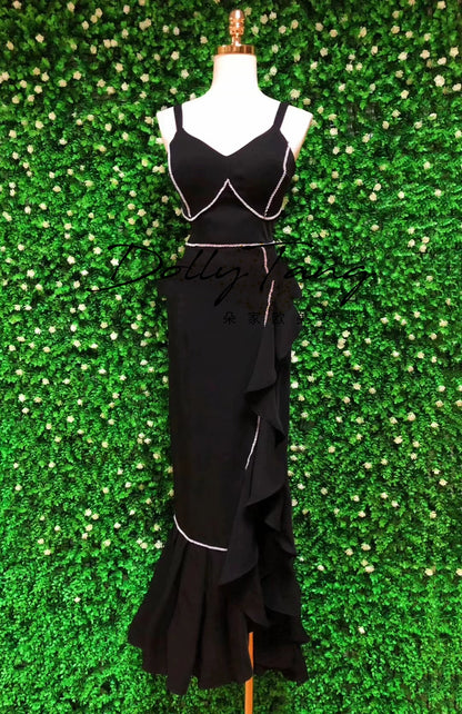 DOLLY Elegant White/Black V-Neck Sleeveless High Waist Long Ruffle Dinner Dress-MIA