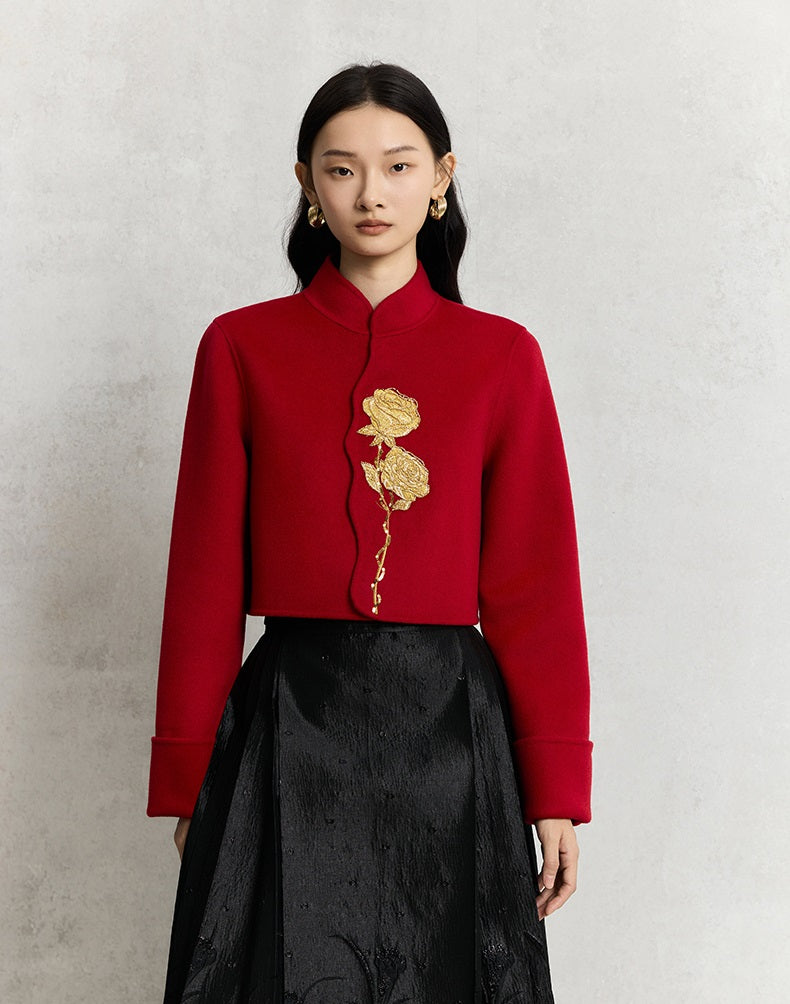 HECO 100% wool Embroidery Red black Short Double-Sided Tweed Jacket Women - out.