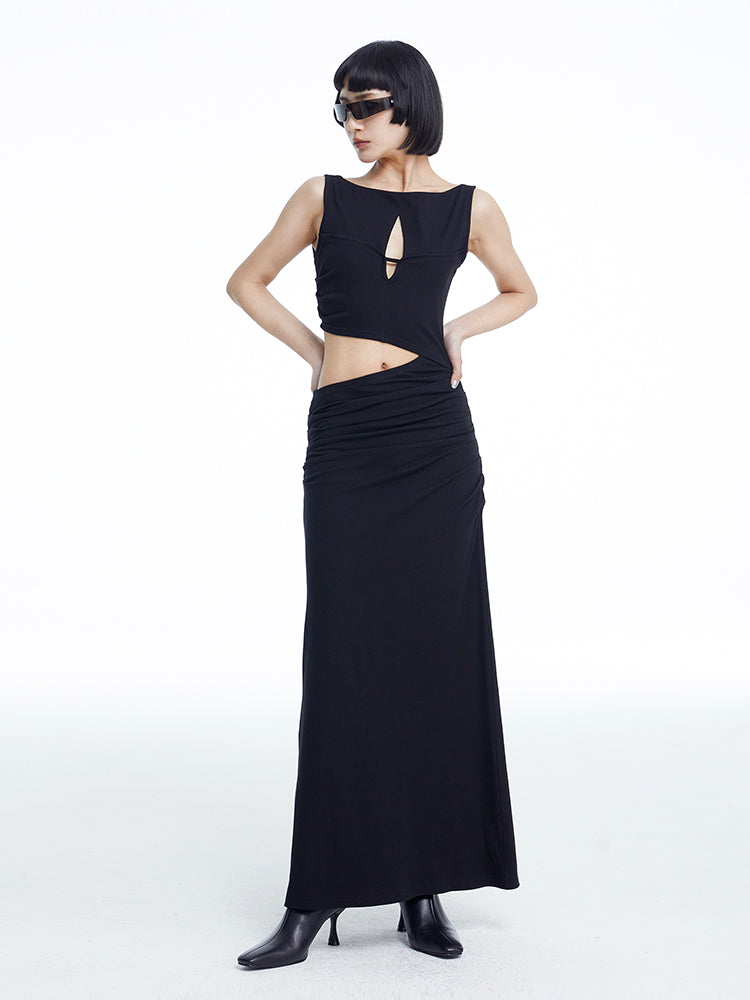 TINY IN knitted faux two-piece women's pleated long dress -CHARMY