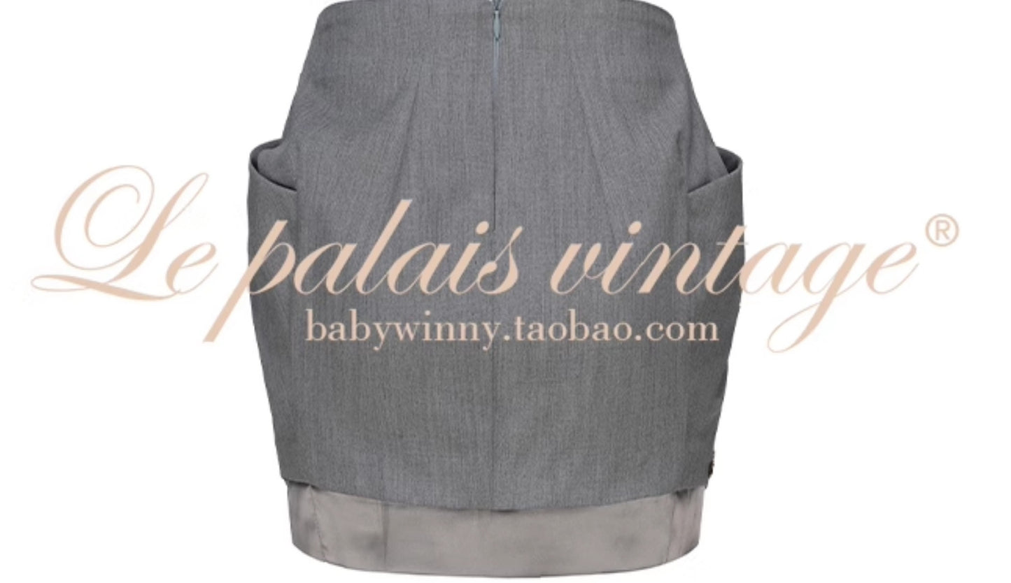 Le Palais Vintage Elegant Grey High Waist Short Skirt-LAAL.