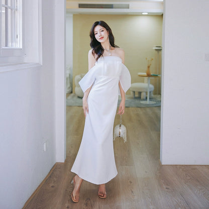 DOLLY Elegant Ruffled Off Shoulder Chest Wrap Long Fish Tail Banquet Dress-KALYA