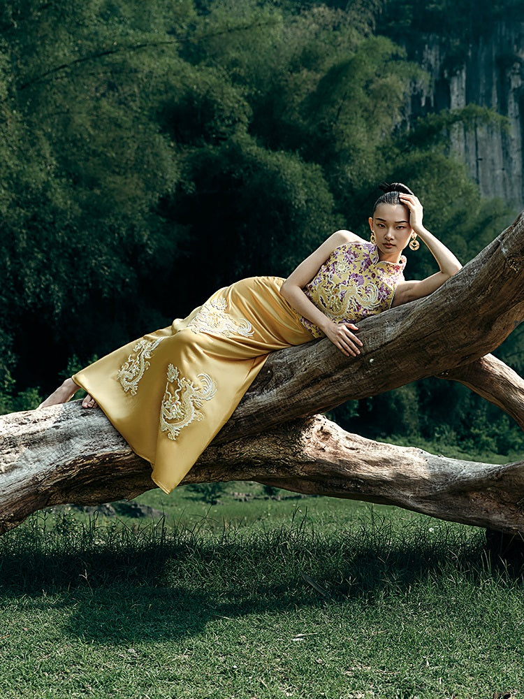 HECO Chinese Retro Style Embroidery Golden Dragon Stand-up Collar Vest Top  - QANT.