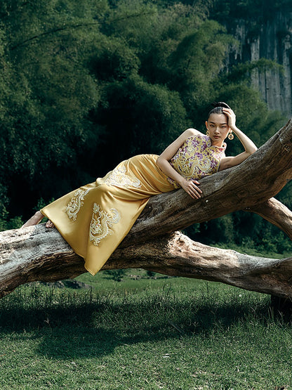 HECO Chinese Retro Style Embroidery Golden Dragon Stand-up Collar Vest Top  - QANT.