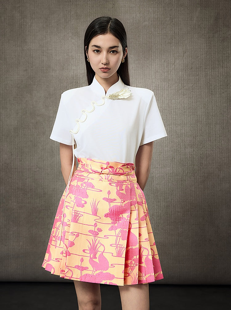 HECO Summer Handmade Orchid Winding Mandarin Neckline Short Sleeve Top - FLIGHT.