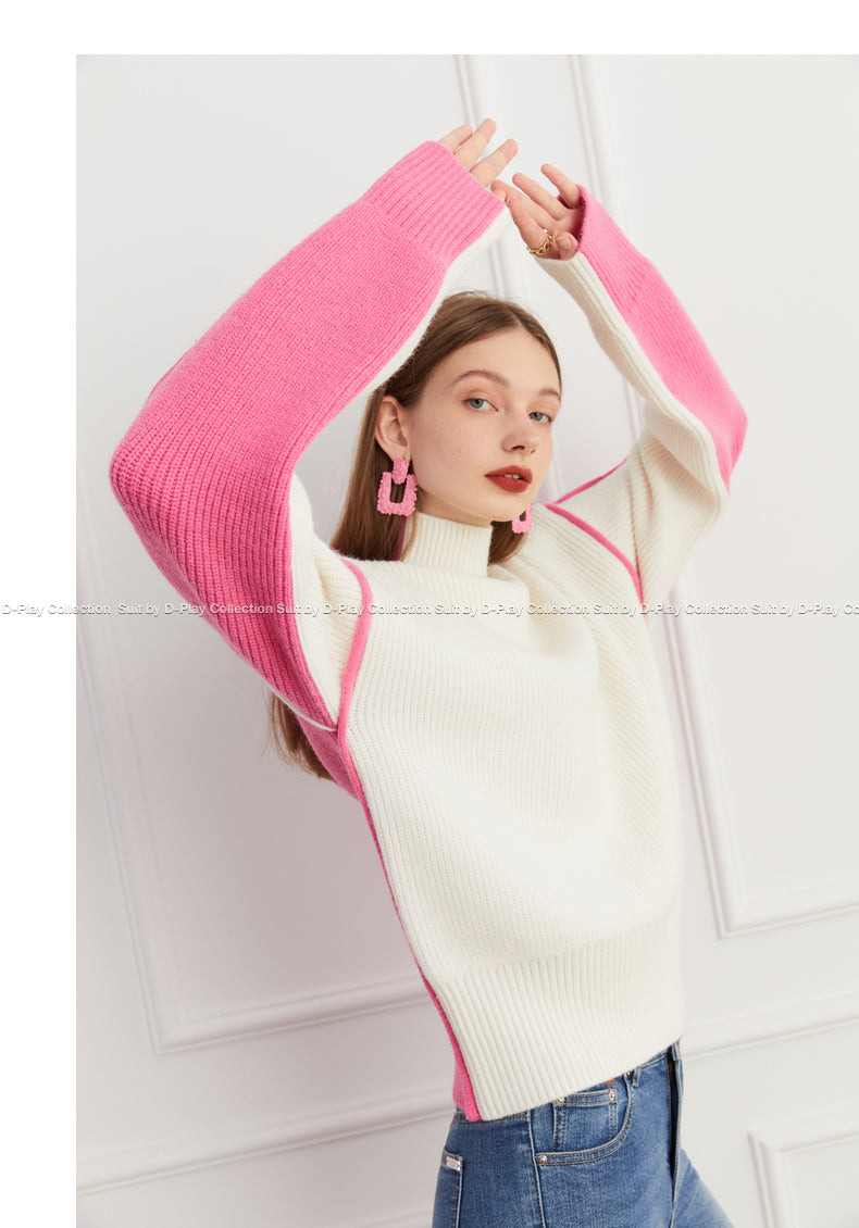 Fall autumn turtleneck contrast pink white colorblock loose sweater - Daniq  (V)