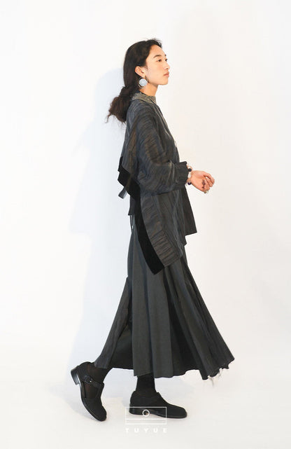TUYUE Black Textured Multi-Cut A-Line Midi Skirt - NIMWE.