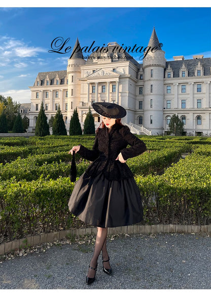 Le Palais Vintage Elegant Black Puff Sleeve Eco-Fur Wool Roll Jacket coat-Megan ( V )
