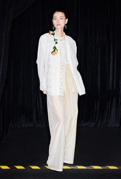 M essential Mackay designer polka dot silk cotton elasticated wide-leg trousers - YVONE.