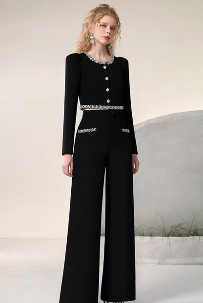 CHECOCRE celebrity style suit fashion diamond chain top high-waisted straight-leg pants - ECHO.
