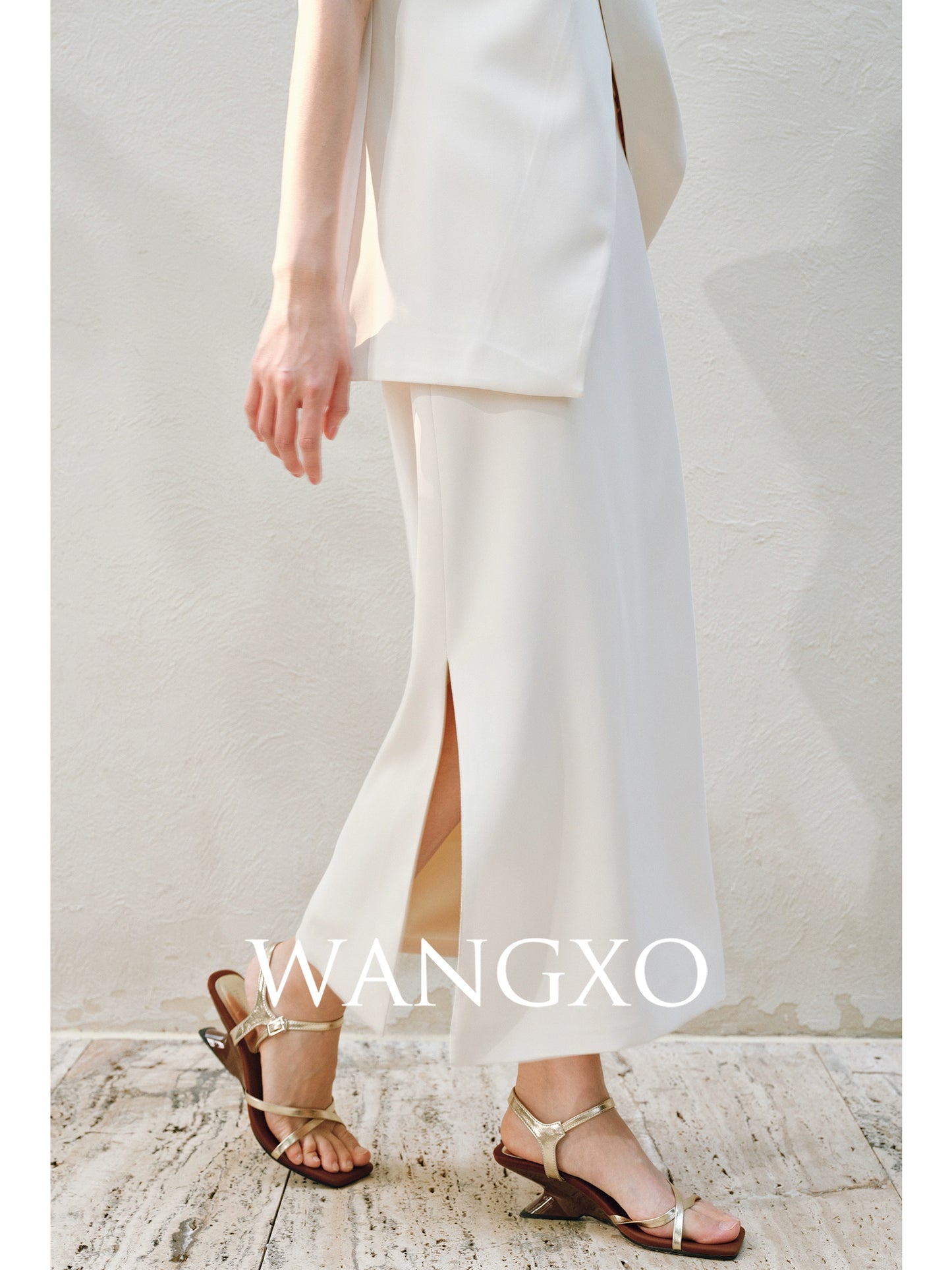 WANGXO | Imported Twisted Drape Fabric Elegant Commuter-Style Diagonal Placket with Loose Pleated Slit Vest & Skirt Suit Set -NALA