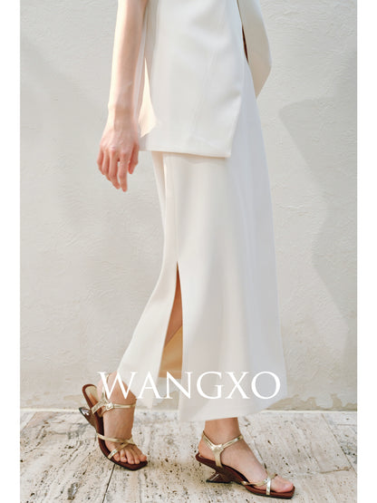 WANGXO Elegant Commuter-Style Diagonal Placket with Loose Pleated Slit Vest & Skirt Suit Set -NALA