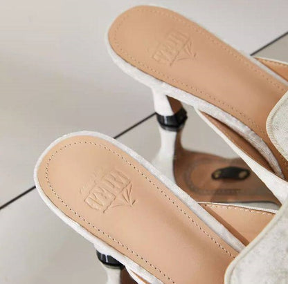 B-FEI Feather Rhinestone White small heels Mule Shoes - POLZ.