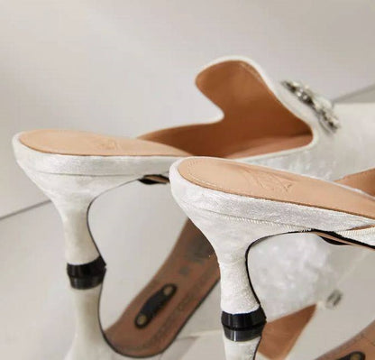 B-FEI Feather Rhinestone White small heels Mule Shoes - POLZ.