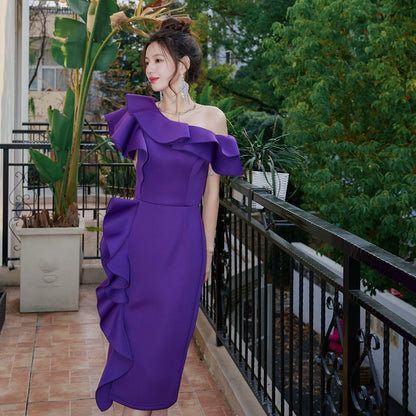 DOLLY Elegant Purple Ruffled Off Shoulder High Waist Midi Ruffle Dress-AKARI