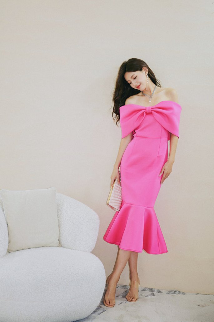 DOLLY Elegant Pink Big Bow Tube Top Off Shoulder Ruffled Fish Tail Dress-ZAYNAB