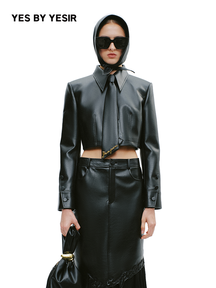 YES BY YESIR black military leather jacket and skirt set- SYSTEM.