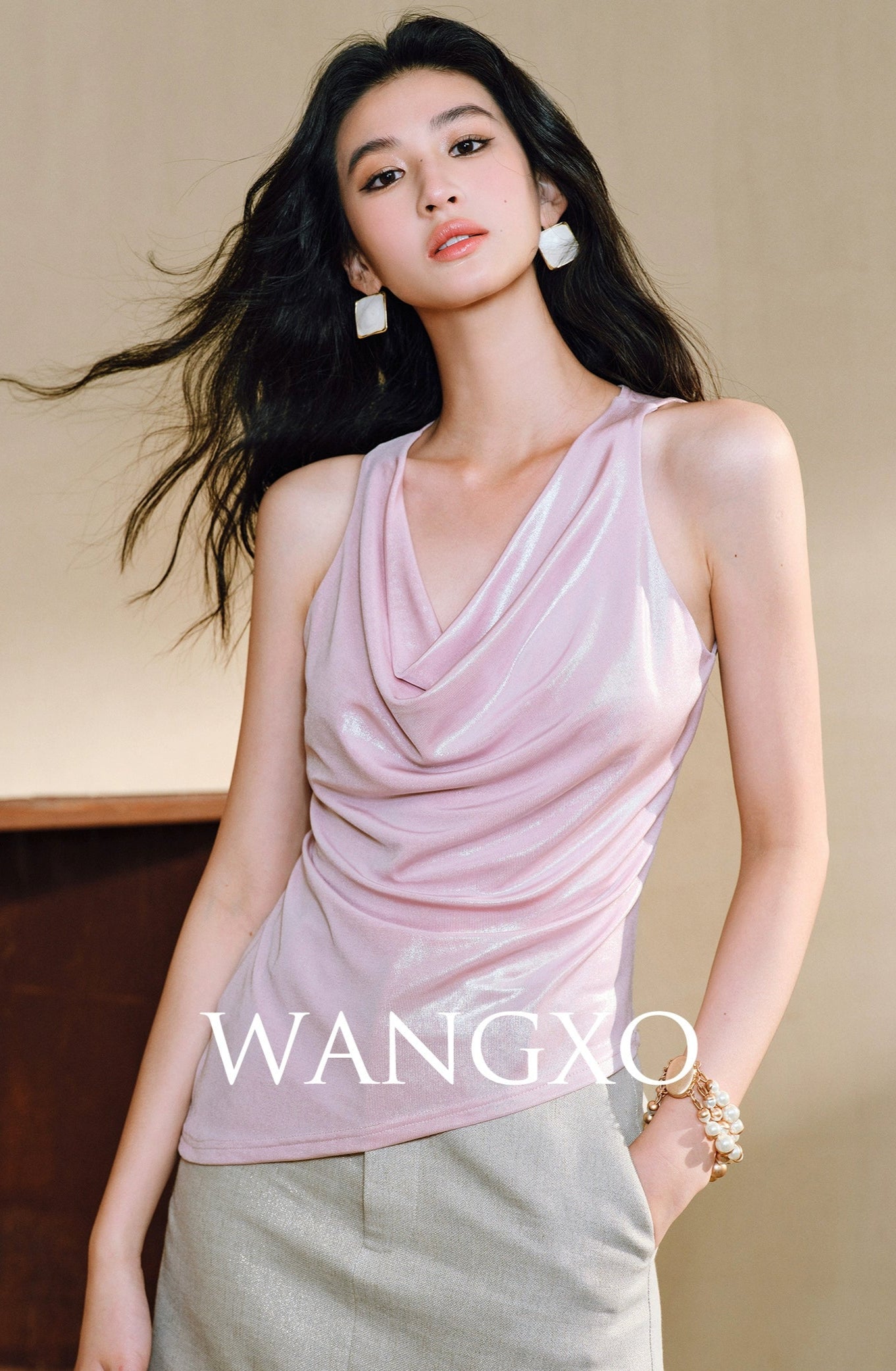 WANGXO Luxurious Metallic Luster Silk with Vertical Cut Swing Collar Top  - ZAYNA